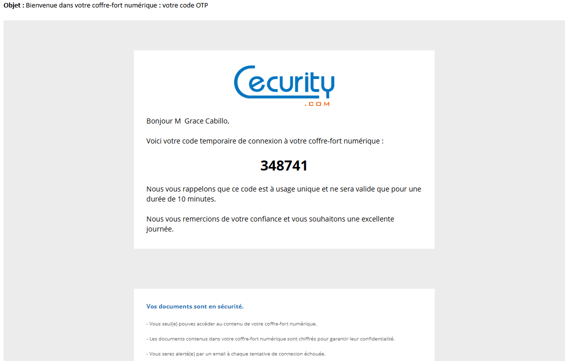 Email de réception du code