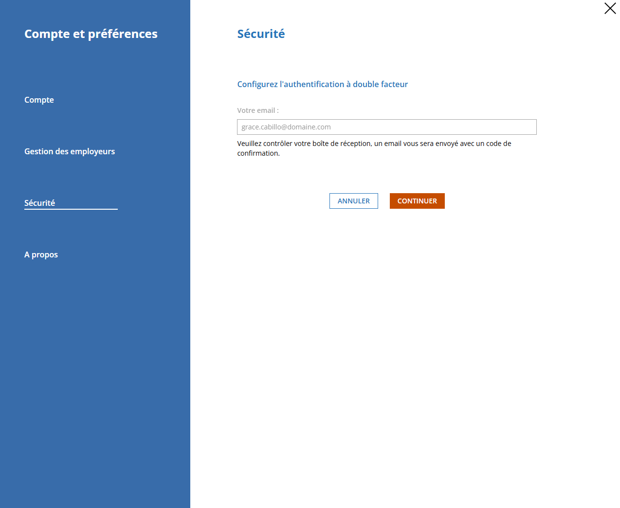 Saisie de l'adresse email de réception du code